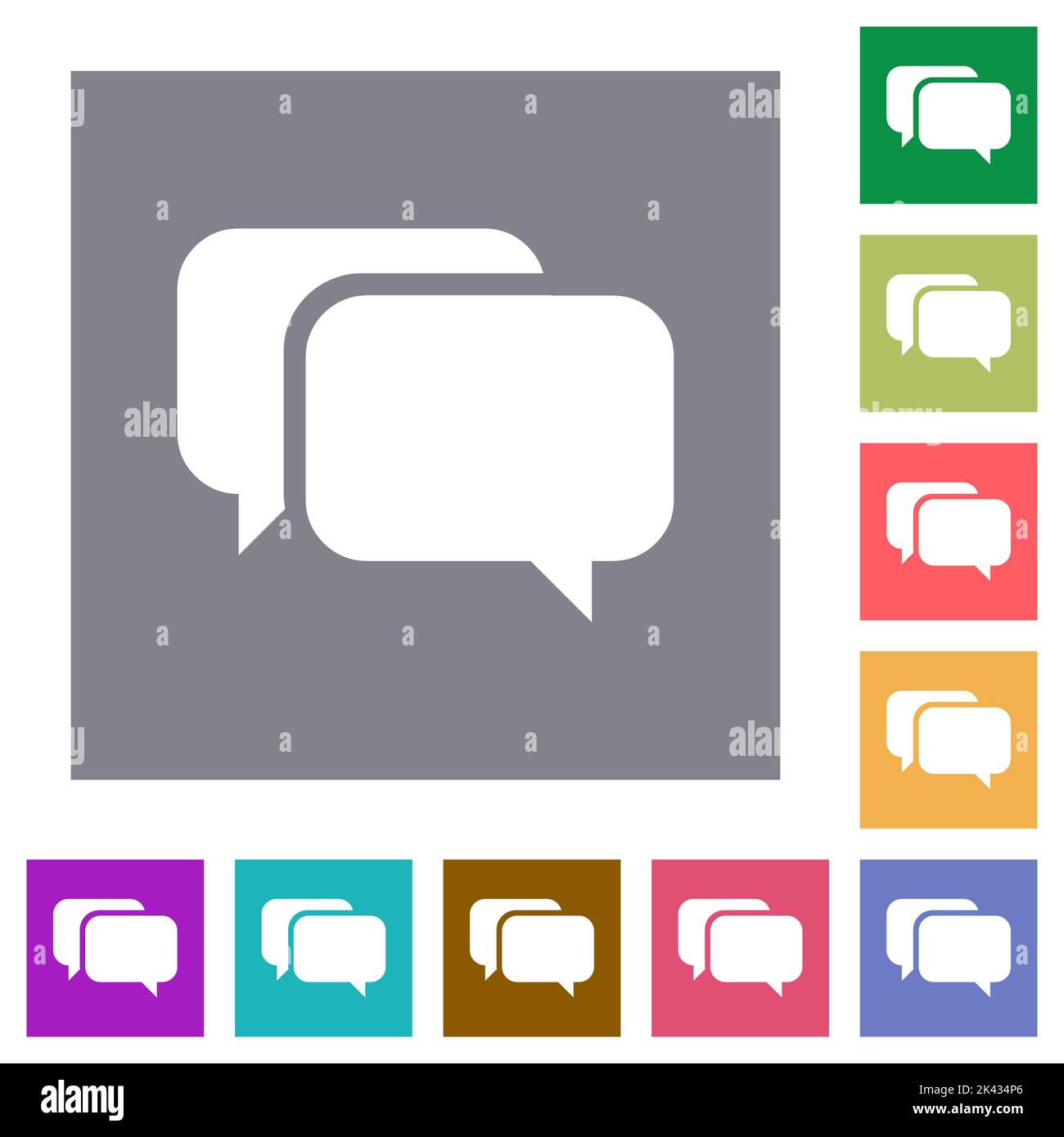 Two rounded square chat bubbles solid flat icons on simple color square backgrounds Stock Vector