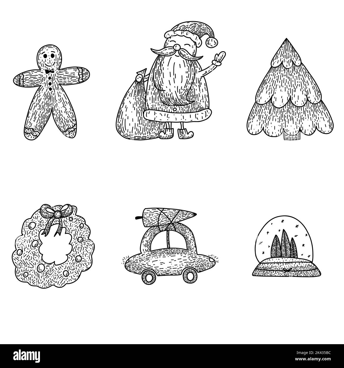 Hand drawn Christmas set in cartoon doodle style. Linear Santa, car with Christmas tree, wreath, gingerbread, snow globe Stock Vector
