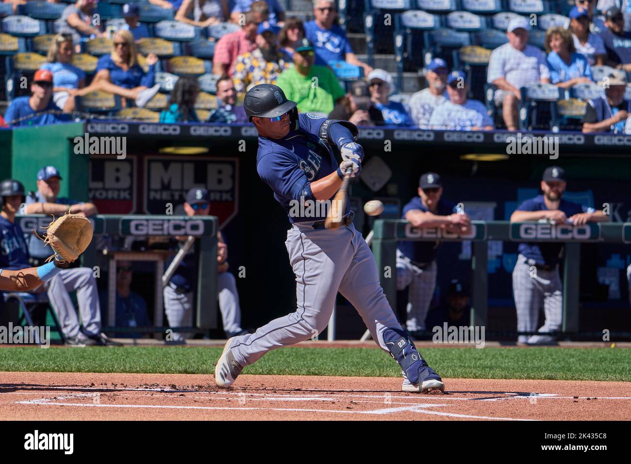September 25 2022: Seattle third baseman Ty France (23) gets a hit during the game with Seattle Mariners and Kansas City Royals held at Kauffman Stadium in kansas City Mo. David Seelig/Cal Sport Medi Stock Photo