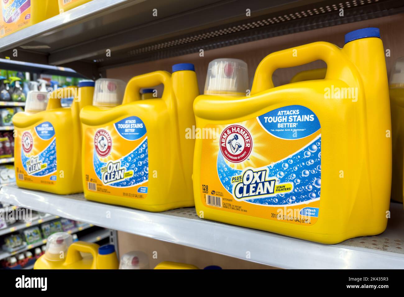 Novi, Michigan, United States - Sep 29, 2022: A view of several containers of Arm and Hammer laundry detergent at Walmart grocery store Stock Photo