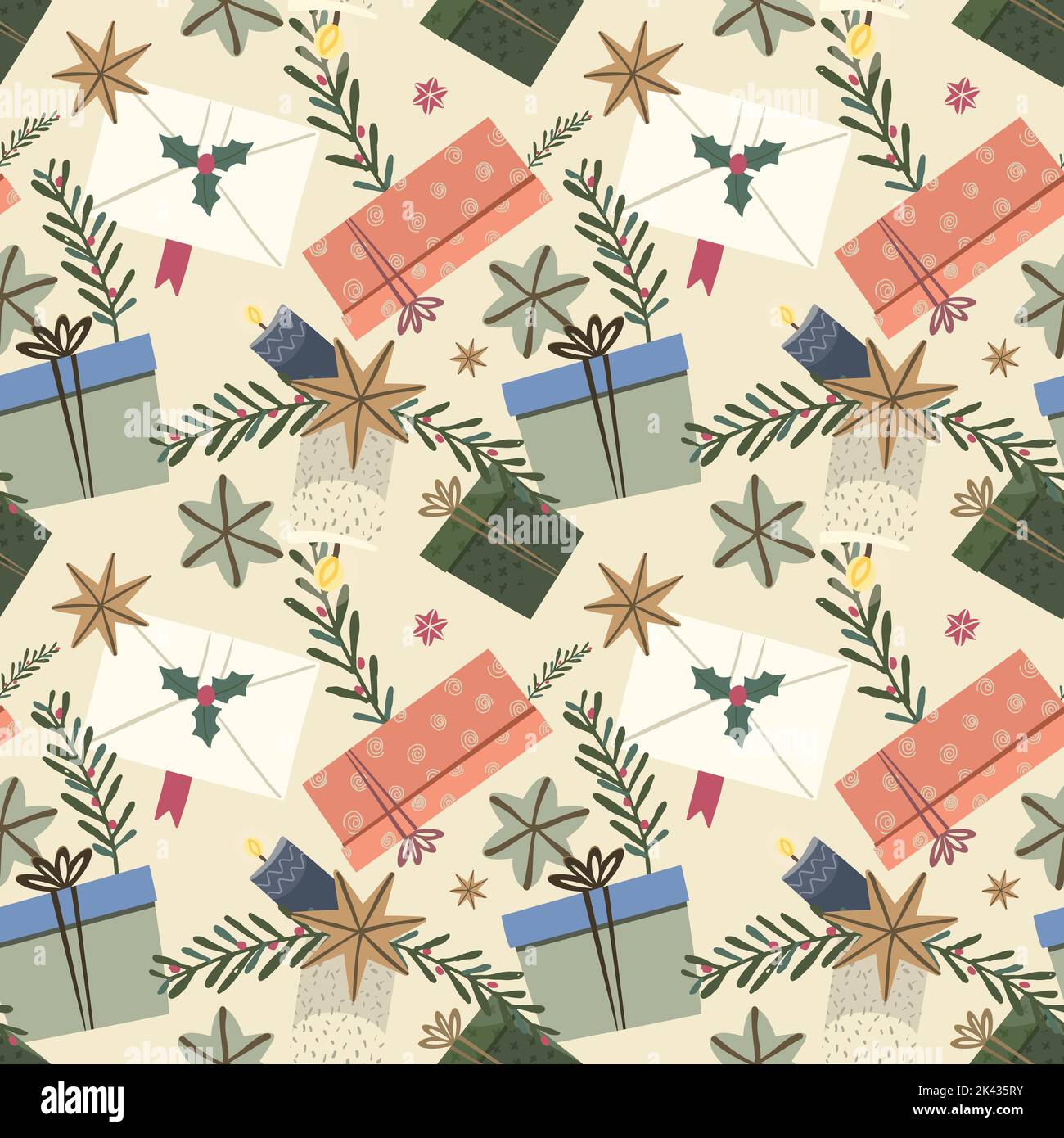 Christmas seamless pattern with gifts, plants, holly, stars and candles ...