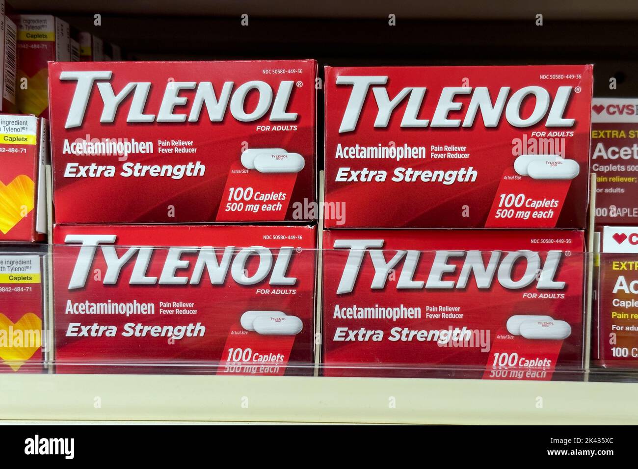 Novi, Michigan, USA - Sep 29, 2022: Boxes of Tylenol pain reliever on shelves in a pharmacy. Tylenol is distributed by McNeil Consumer Healthcare, a s Stock Photo