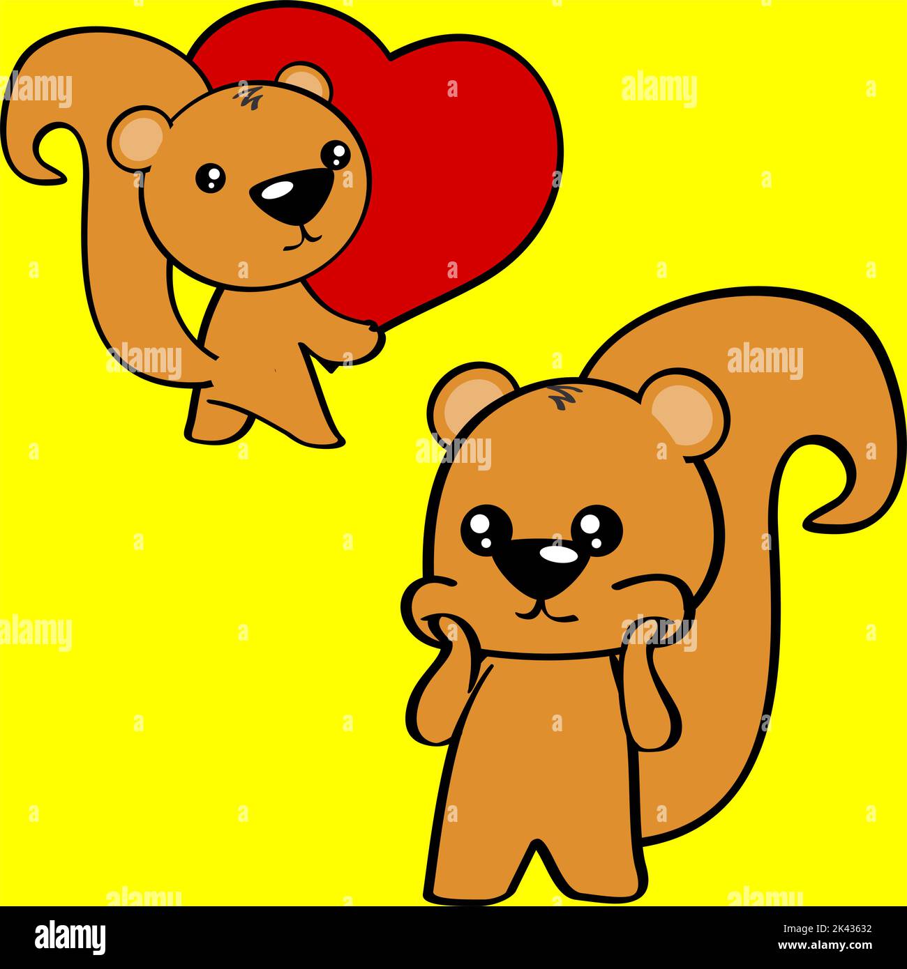 chibi little baby squirrel cartoon holding valentine red heart