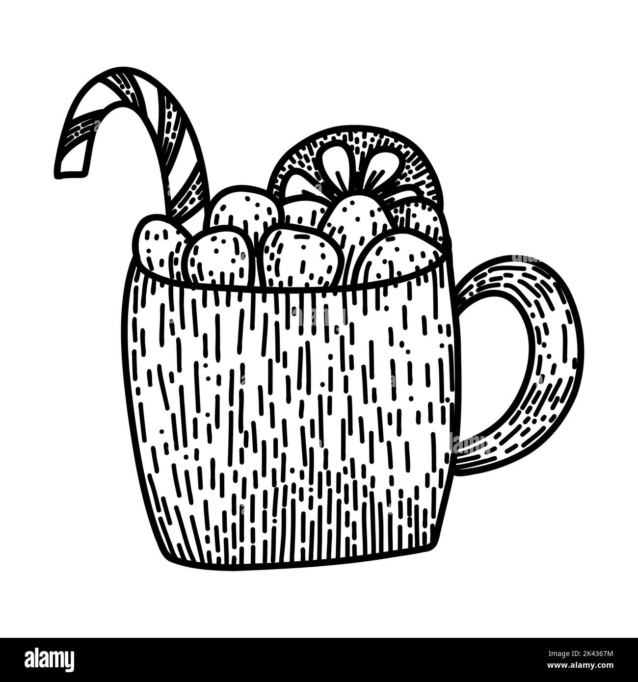 Mug with hot cocoa, candy cane, marshmallows and orange slice as