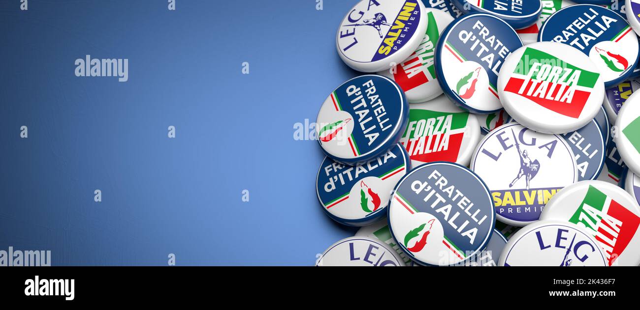 Elections in Italy. Logos of the right wing parties Fratelli d'Italia, Lega per Salvini Premier, Forza Italia Stock Photo
