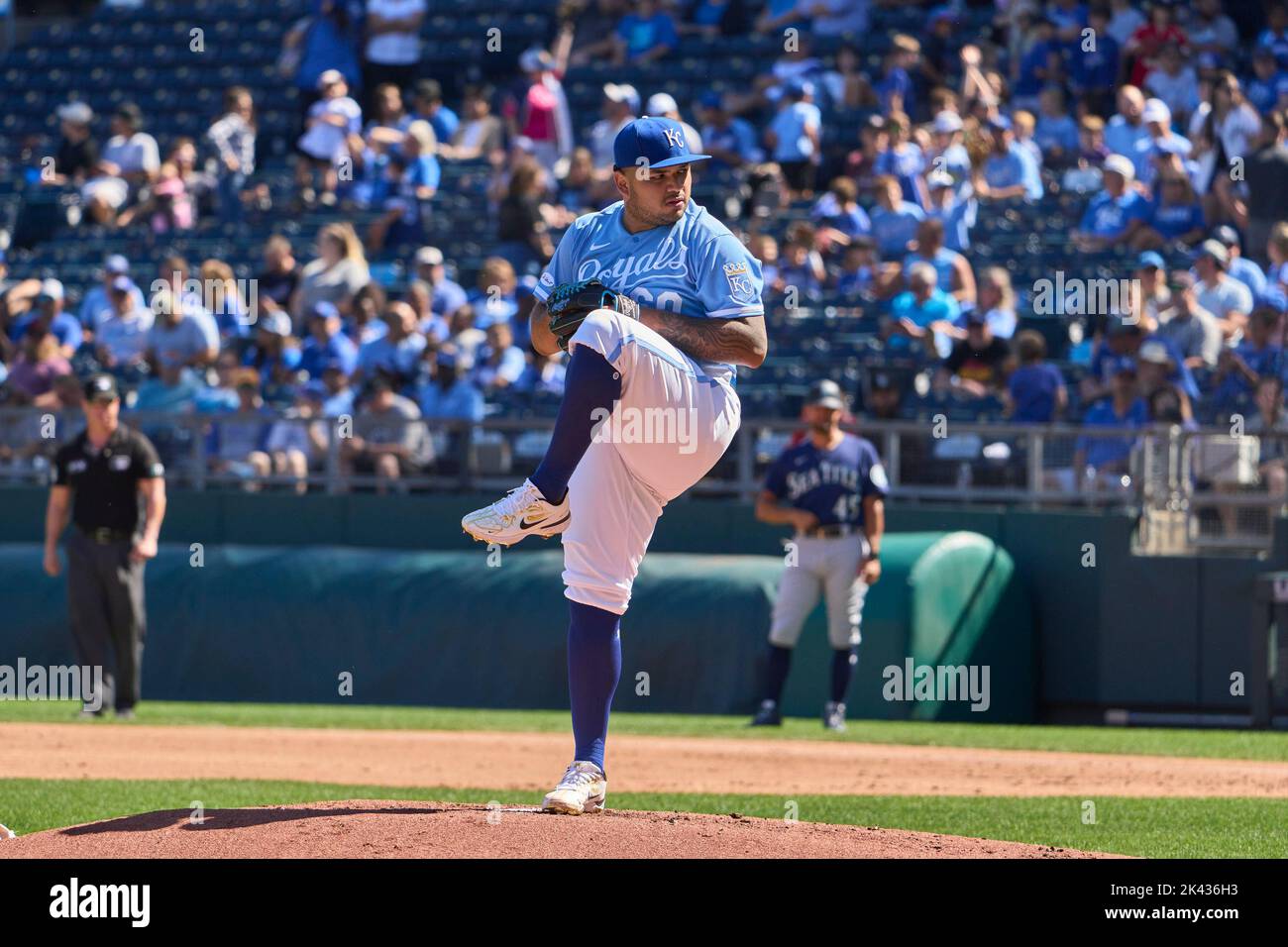 September 25 2022: Kansas City pitcher Max Castillo (60) throws a pitch during the game with Seattle Mariners and Kansas City Royals held at Kauffman Stadium in kansas City Mo. David Seelig/Cal Sport Medi Stock Photo
