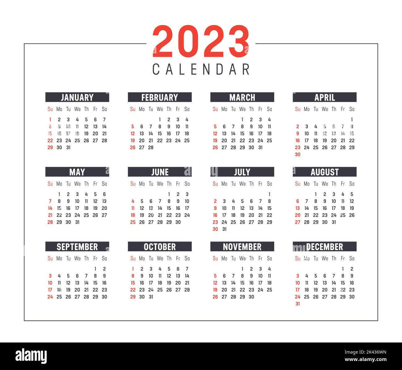 Year 2023 calendar, isolated on white background. Vector template. Stock Vector