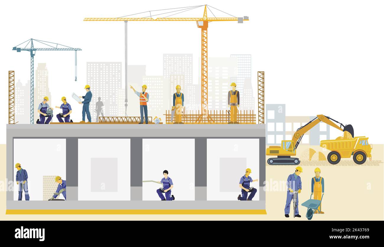 Construction site with craftsmen and construction machines, illustration Stock Vector