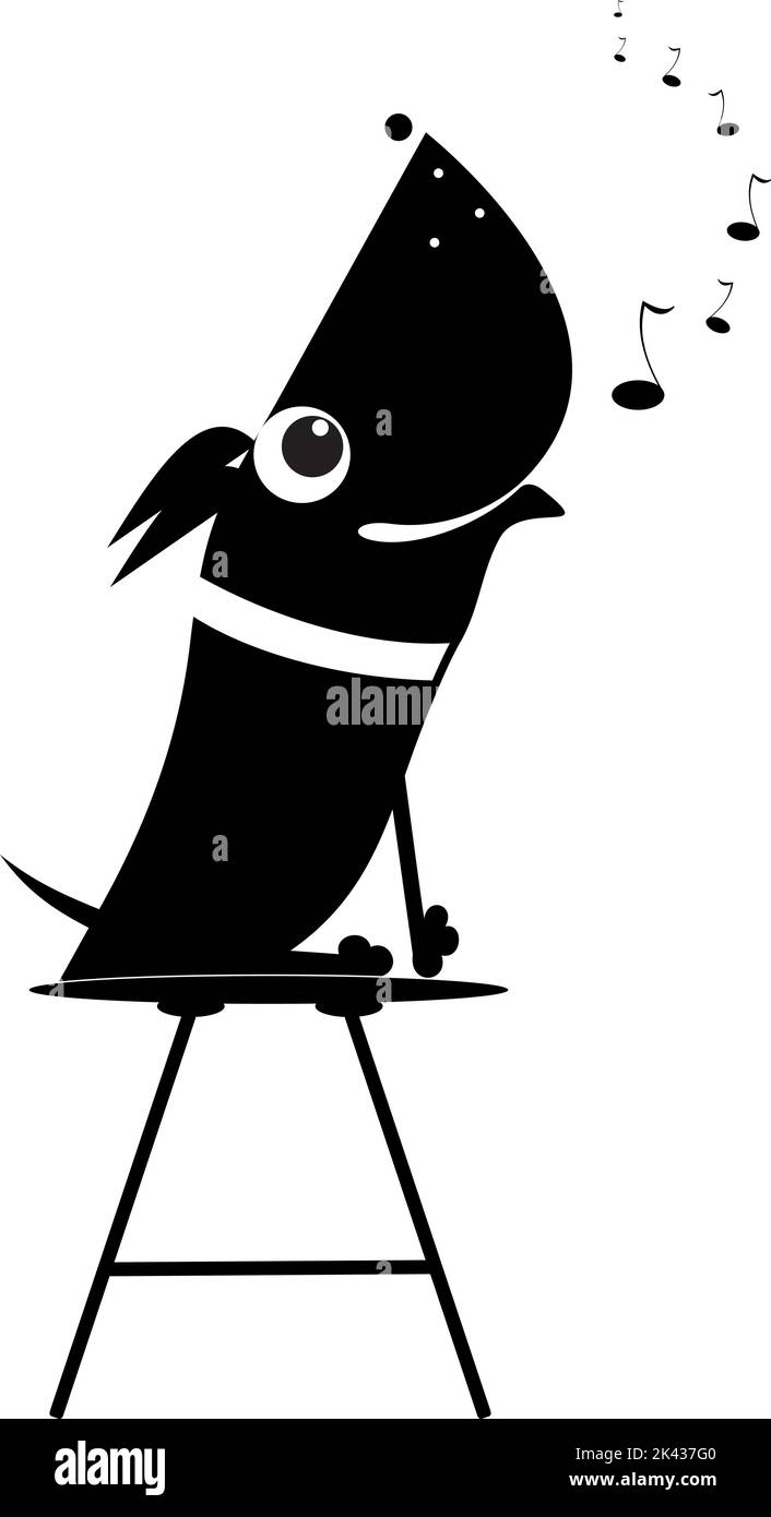 Illustration of howling or singing dog.  Dog sits on the chair and sings or howls. Black on white background Stock Vector