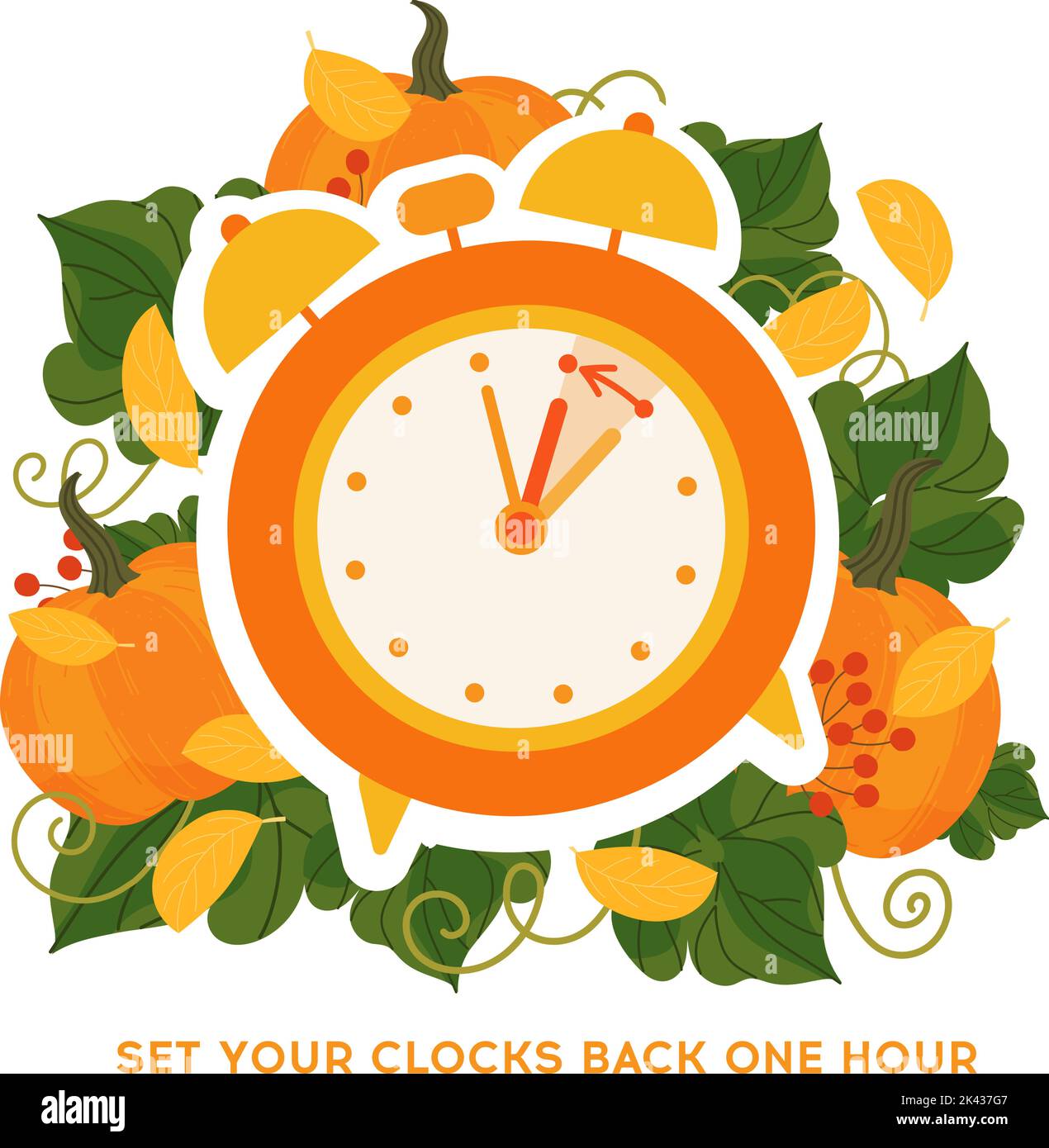 Fall back time concept banner. Clock on the fall background with pumpkins and autumn leaves. The handles of clock turn back on hour. Daylight saving t Stock Vector
