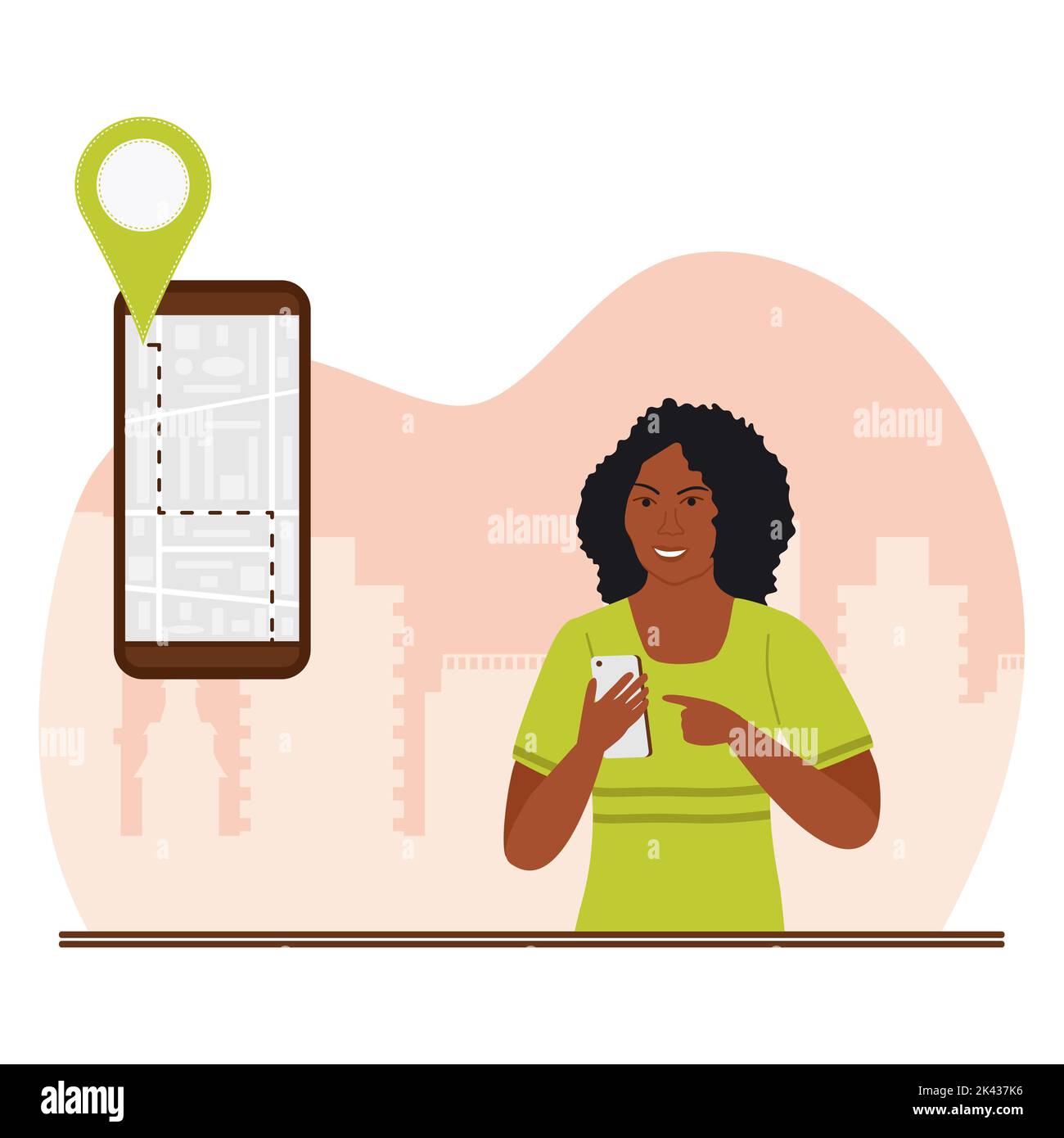 Vector illustration Woman using maps app on cell phone Girl trying to