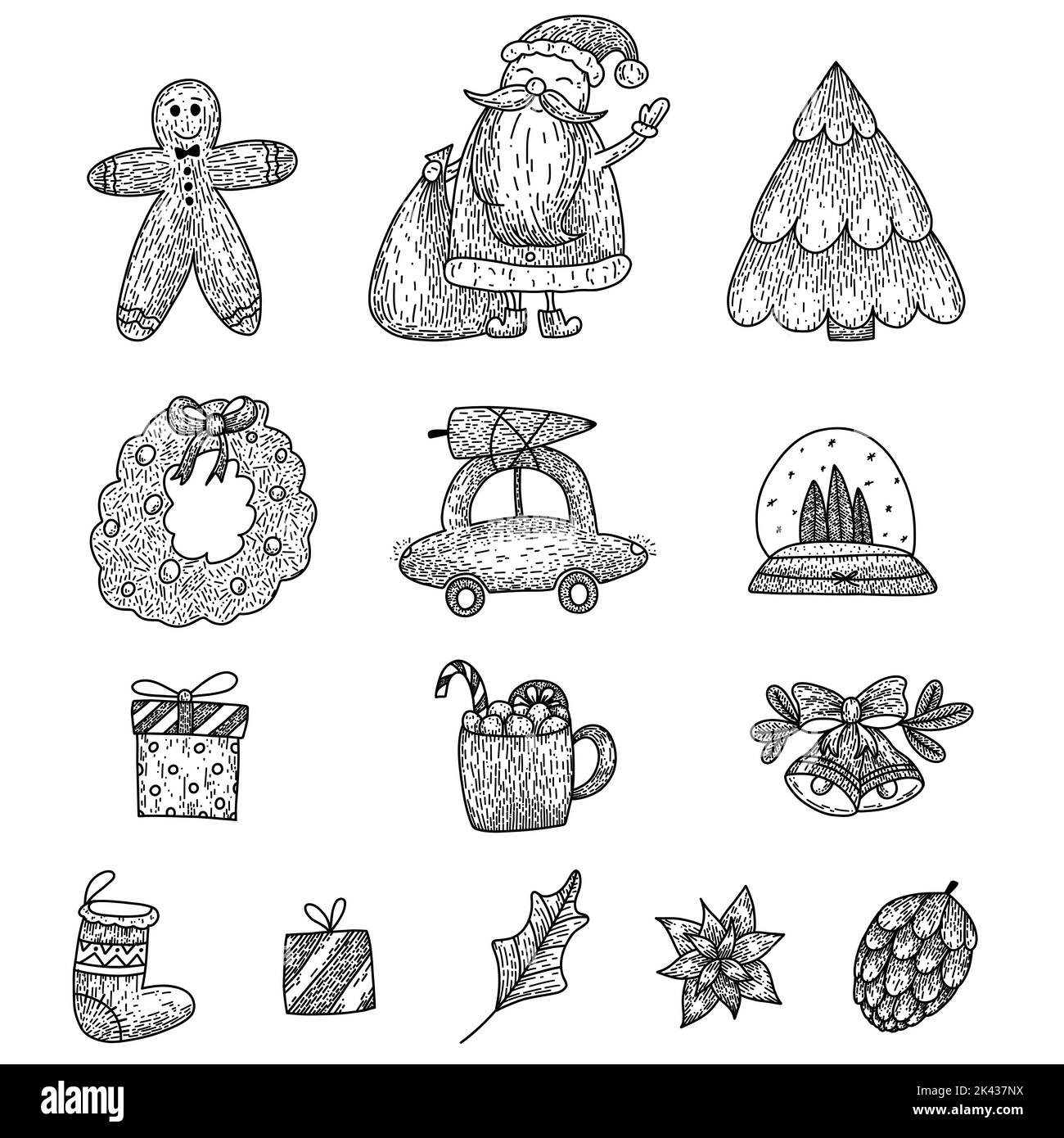 Hand drawn Christmas set in cartoon doodle style. Linear Santa, mug, pine cone, Christmas sock and fir-tree, bell, gifts, gingerbread Stock Vector