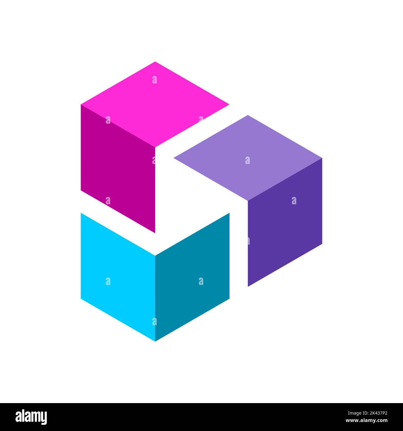 Play triangle symbol inside 3D cube elements. Isometric block shapes make unity. Colorful business logo. Technology media industry. Play button Vector Stock Vector