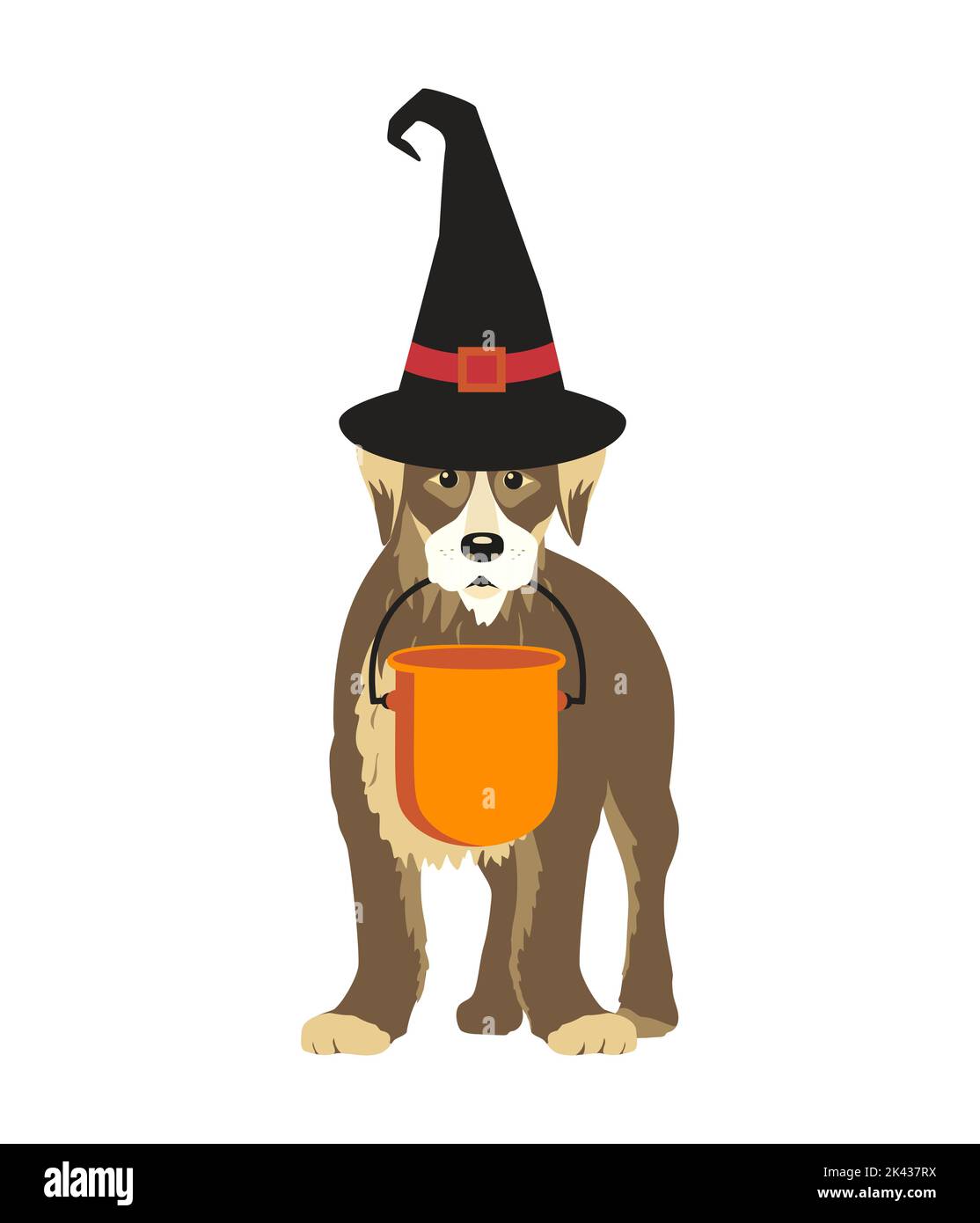 Dog in witch hat with Halloween candy bucket isolated vector icon. Cute ...