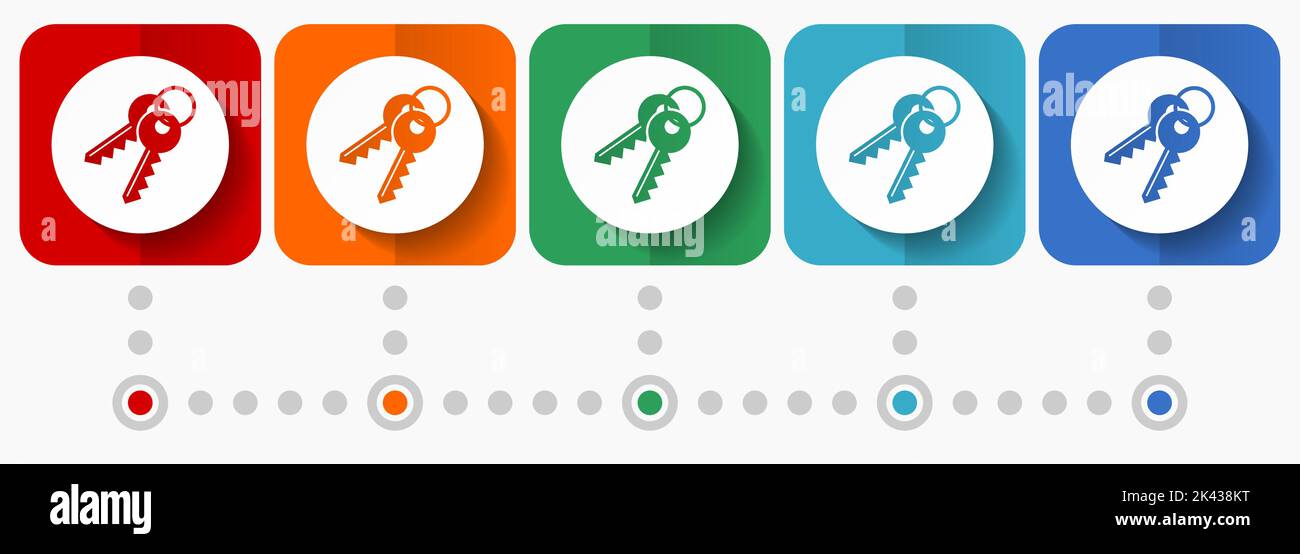 Keys vector icons, infographic template, set of flat design symbols in 5 color options Stock Vector