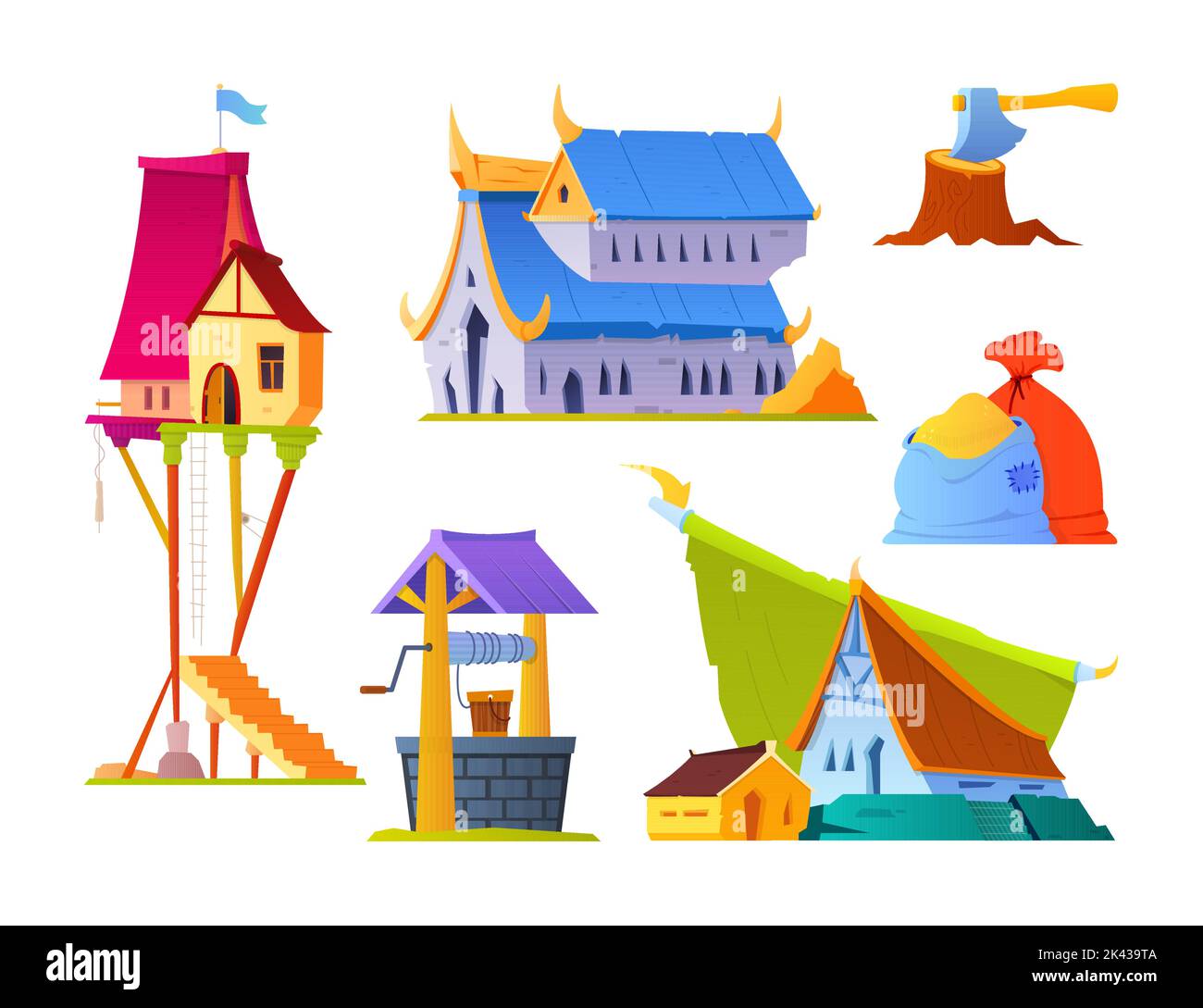Life in a medieval village - flat design style objects set. High quality colorful images of buildings and architecture, a well, stocks of grain in bag Stock Vector