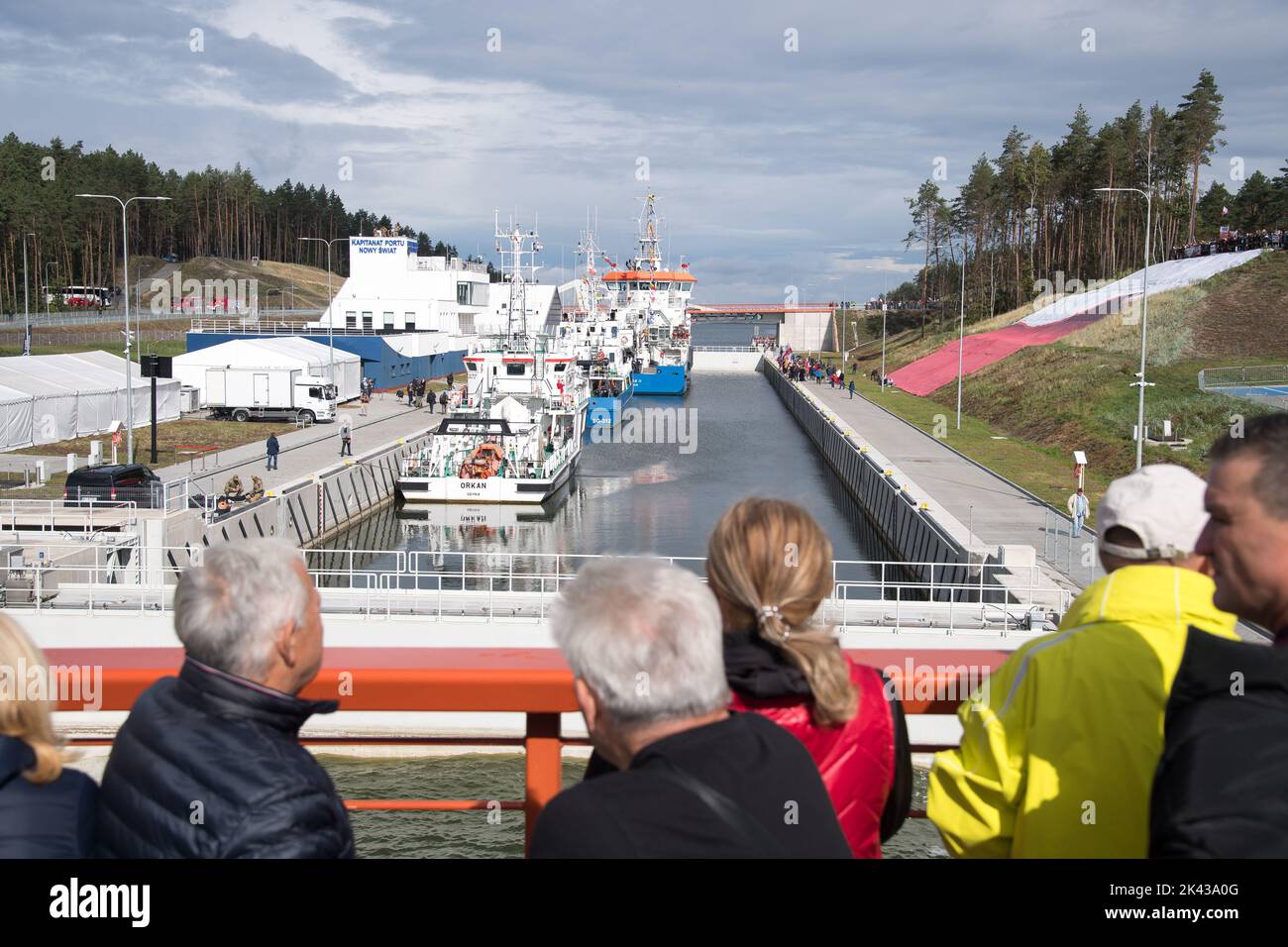 Vistula Spit canal, which connect port of Elblag and Vistula Lagoon with Baltic Sea without transit the Russian Strait of Baltiysk, is now open to use Stock Photo