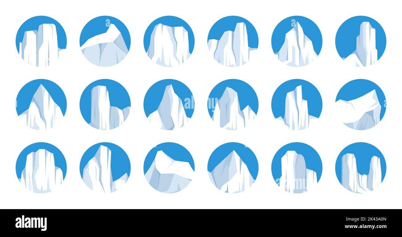 Floating icebergs collection. Drifting arctic glacier, block of frozen