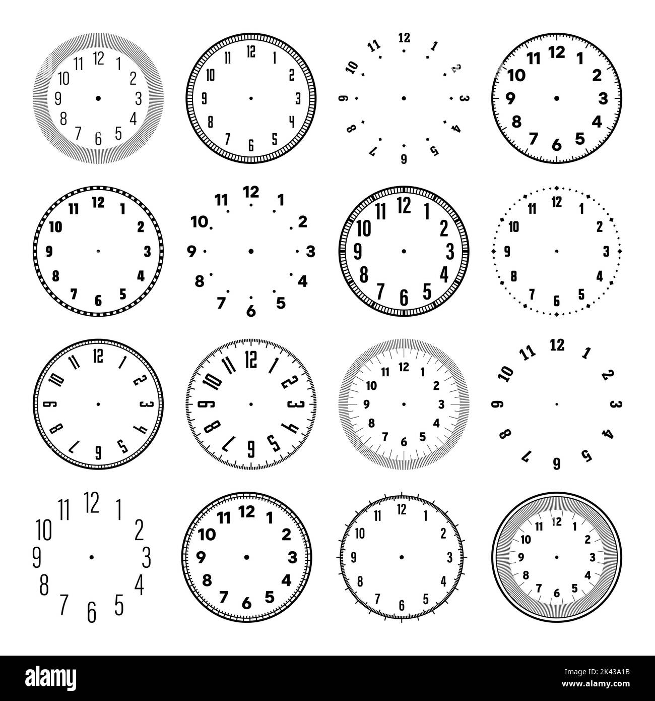 Mechanical clock faces with arabic numerals, bezel. Watch dial with