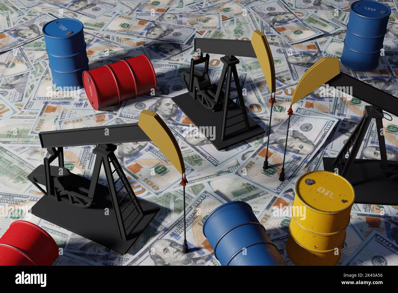 Oil wells and colourful oil barrels on US $100 dollar banknote bills. Illustration of the concept of making money by oil production, cruel oil trading Stock Photo
