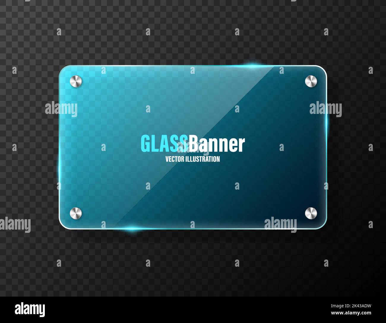 Realistic glass frame with metal holders. Blue transparent glass banner