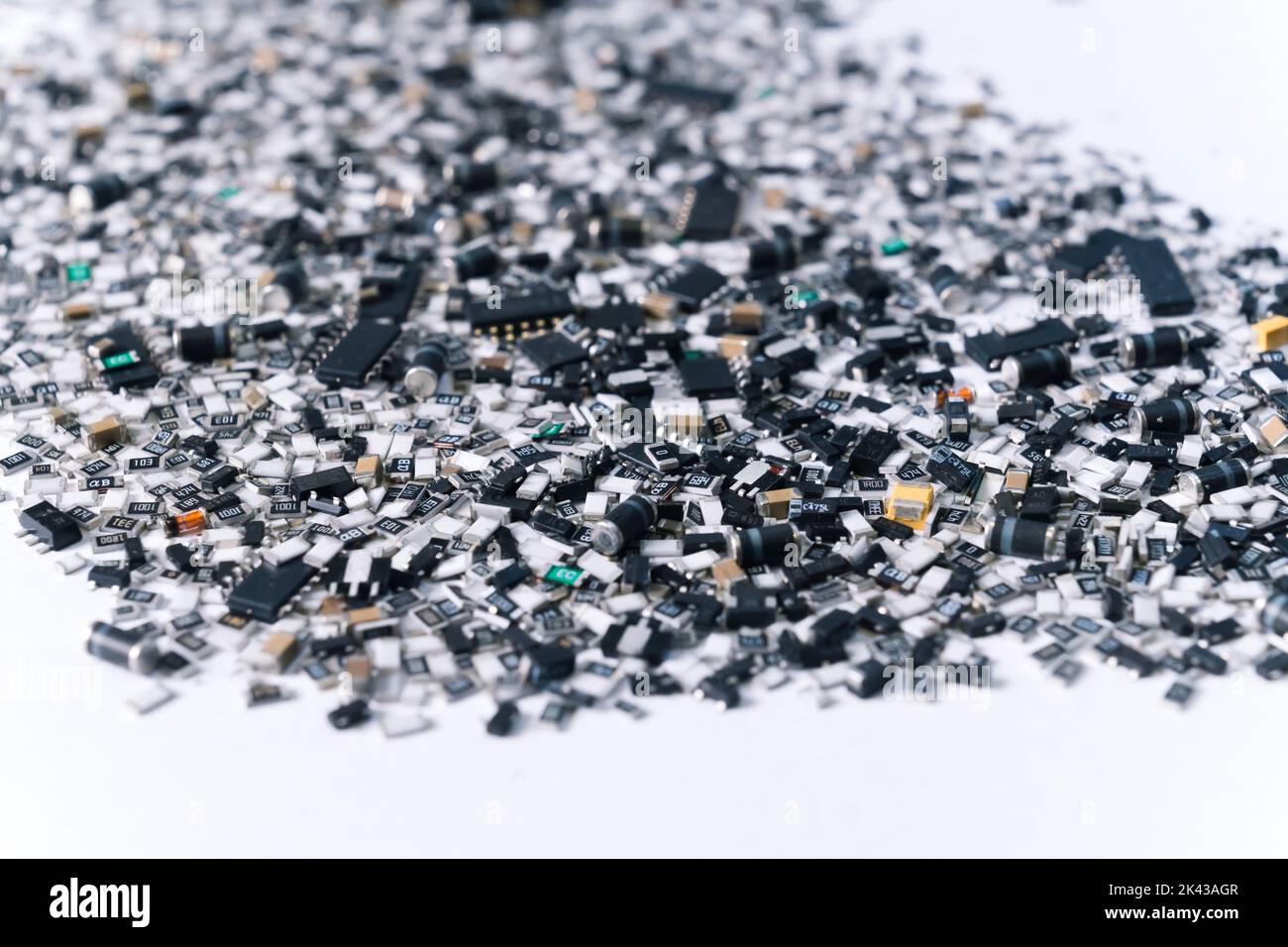 Scattered electronic parts and components of a circuit board. Modern technology. Manufacturing process. SMD. High quality photo Stock Photo
