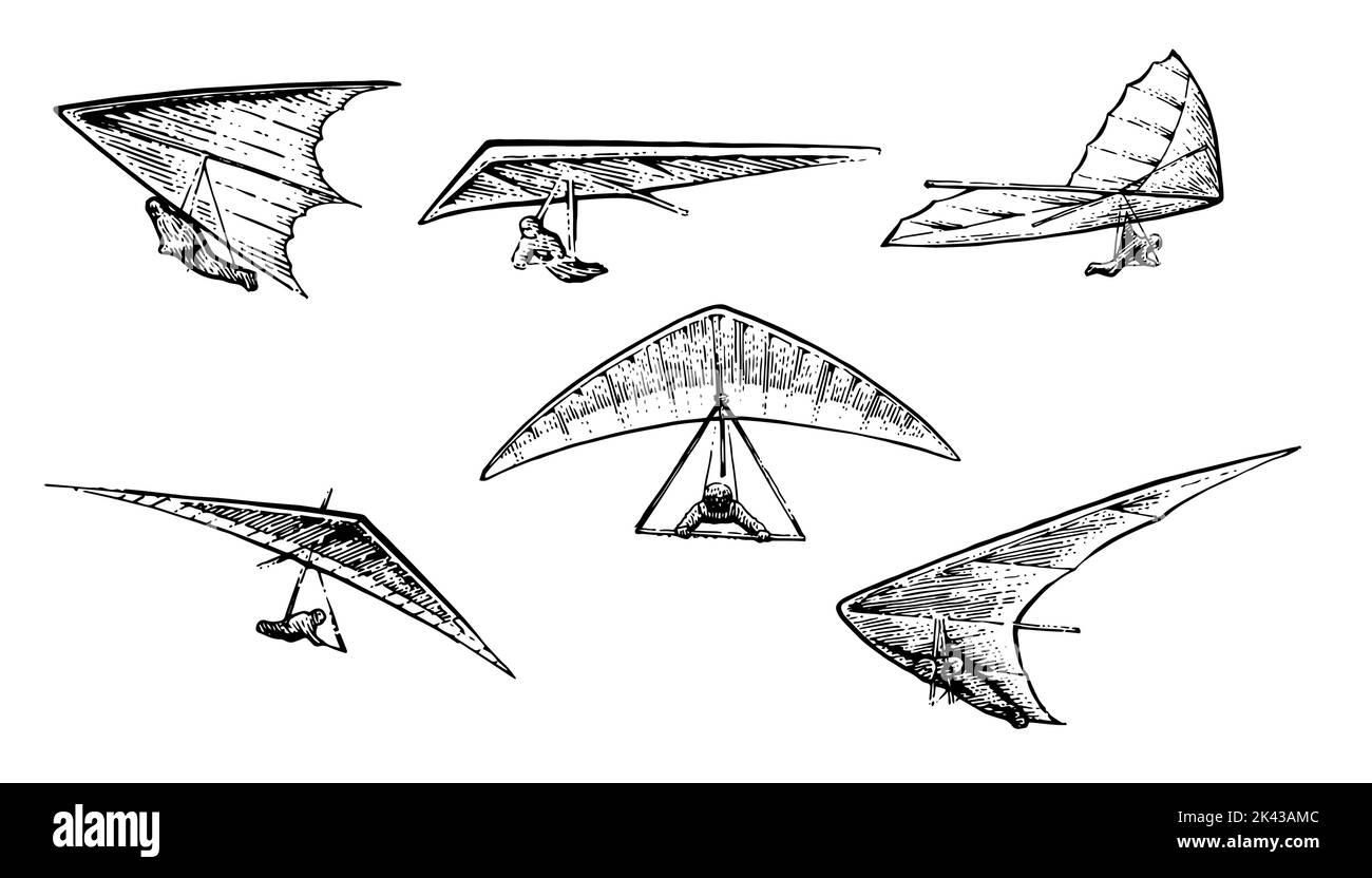 Hang glider flying. Set of objects. Hand drawn outline sketch. Isolated on white background. Vector. Stock Vector