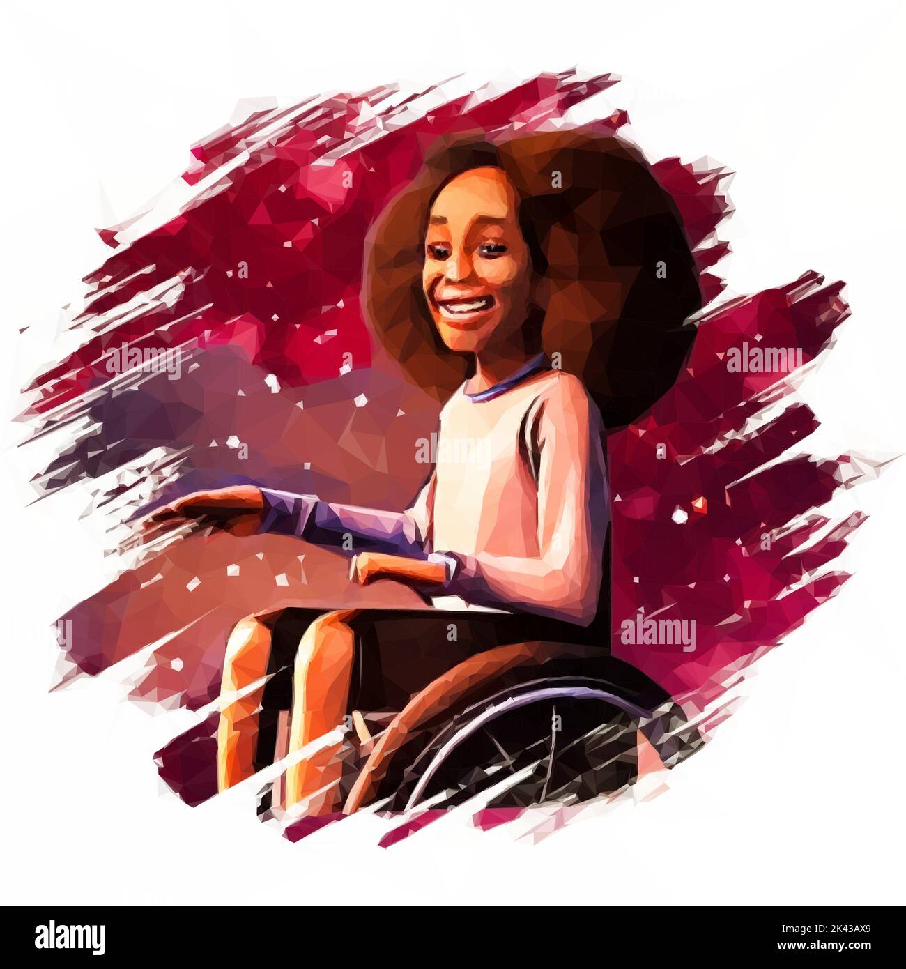 Young pretty African American woman in a wheelchair. Her cheerful smile is powerful. She surrounds a warm aura with diamonds. Vector in Low Poly Style Stock Vector