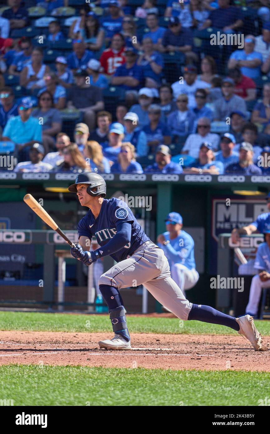 September 25 2022: Seattle utility player Sam Haggerty (0) gets a hit during the game with Seattle Mariners and Kansas City Royals held at Kauffman Stadium in kansas City Mo. David Seelig/Cal Sport Medi Stock Photo