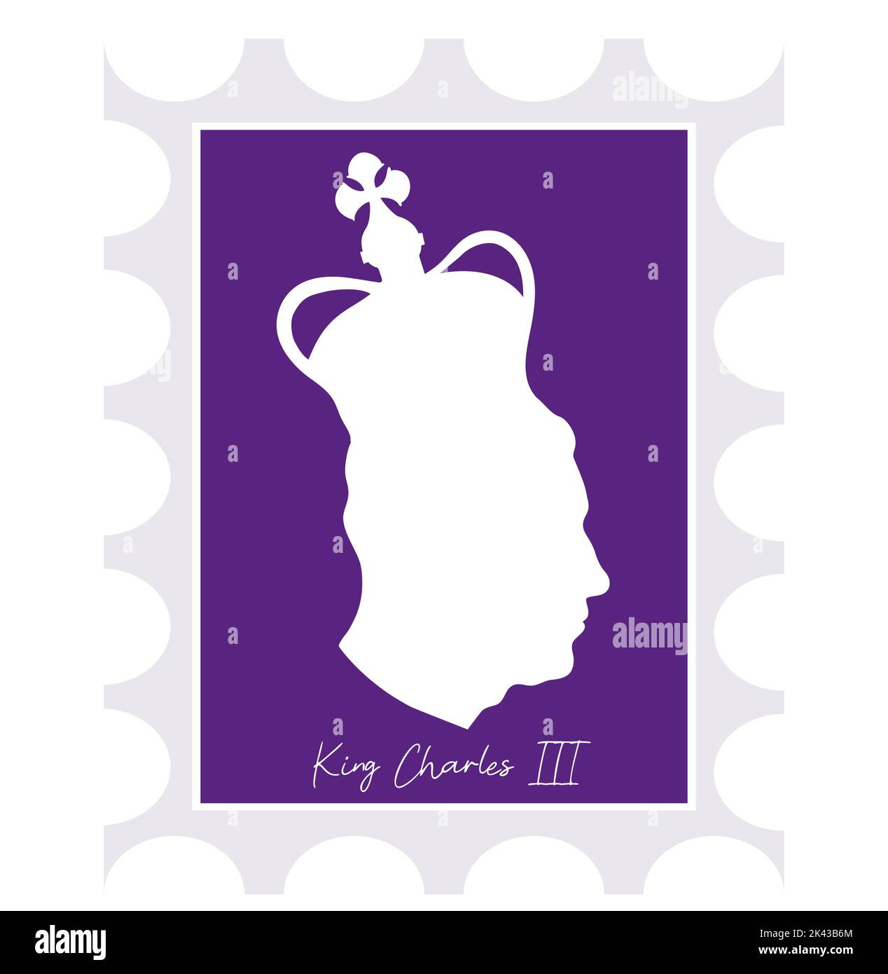 Postage stamp with silhouette of King Charles III. British monarch in Crown. Head side view profile silhouette Prince of Wales. Vector illustration, l Stock Vector