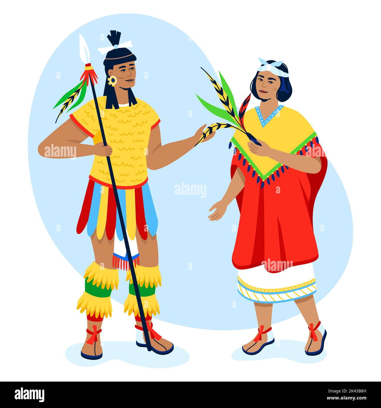 People from the tribe - modern colored vector poster on white background with woman and man in national clothes. Poncho, feathers, hunting spear, Maya Stock Vector