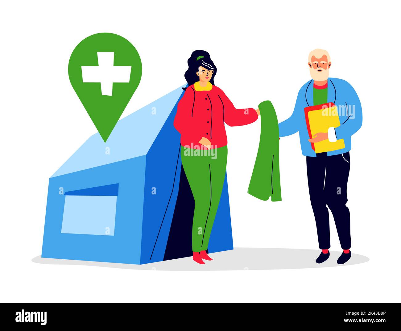 Refugees assistance - modern colorful flat design style illustration on white background. A scene with help tent, volunteer and elderly person in need Stock Vector