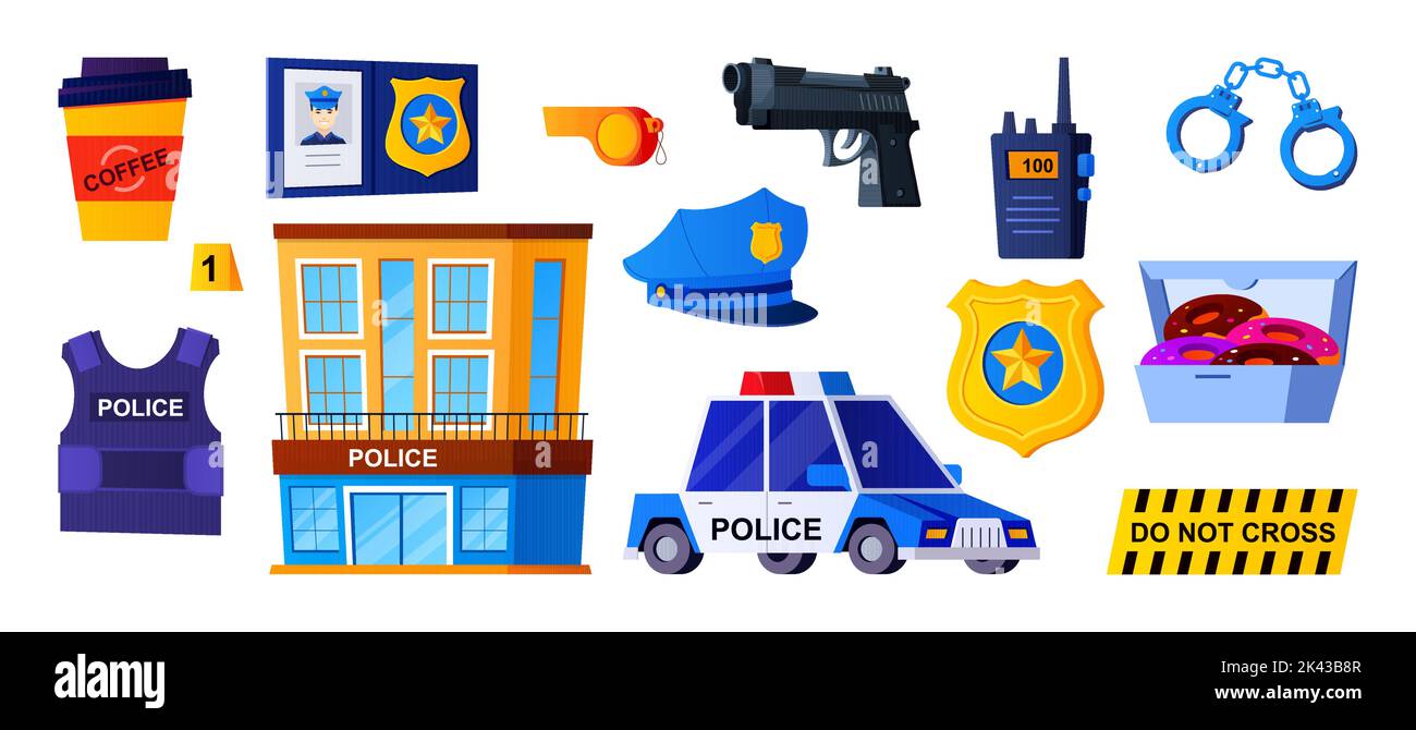 Work in the city police - flat design style illustration set. High quality images of station house, patrol car, body armor, service weapon, handcuffs, Stock Vector