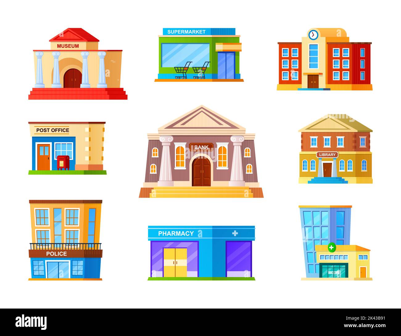 Urban architecture and buildings - flat design style object set. High quality images of museum, supermarket, elementary school, post office, bank, lib Stock Vector