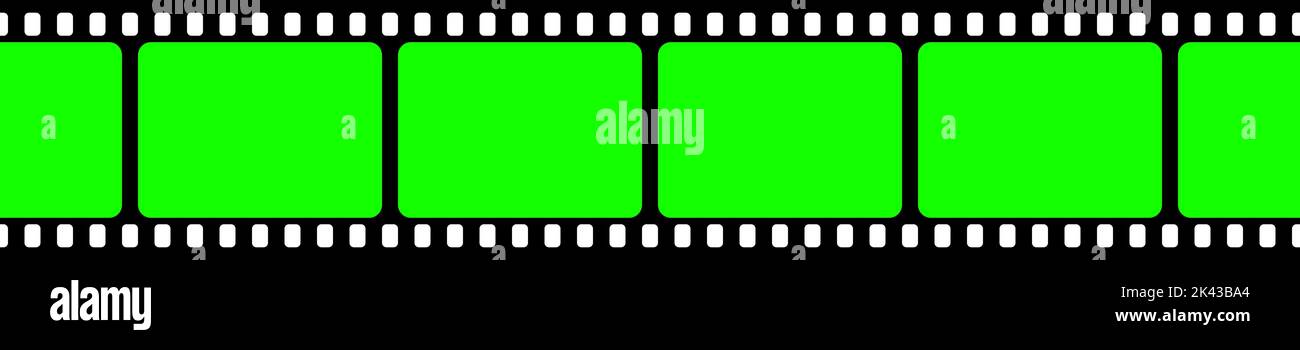 Realistic blank film strip, camera roll. Old retro cinema movie strip with green chroma key background. Analog video recording and photography. Visual Stock Vector