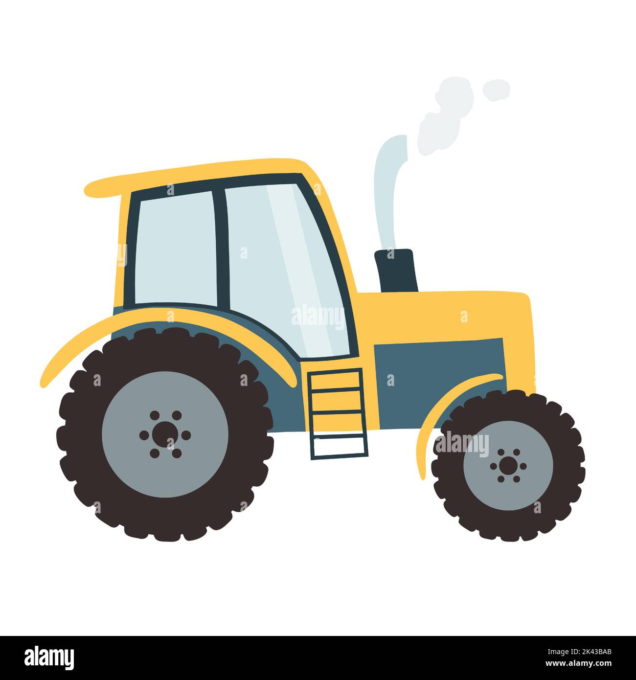 Tractor in cartoon flat style. Vector illustration of a heavy agricultural machinery for plowing, cultivating the soil and planting fields. Stock Vector