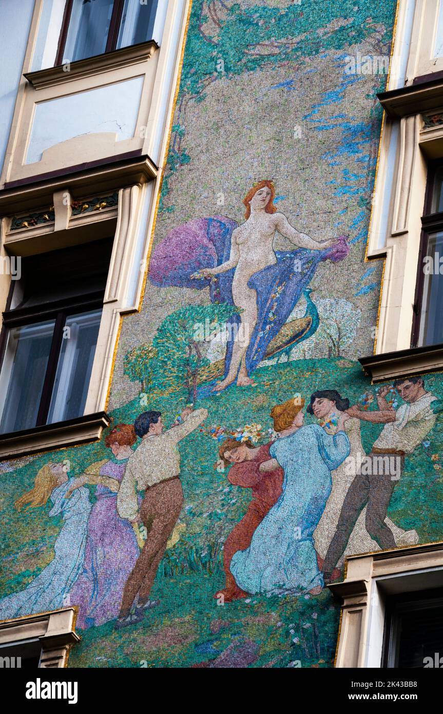 Art Nouveau facade for the textile industry in Prague, Czech Republic. Stock Photo