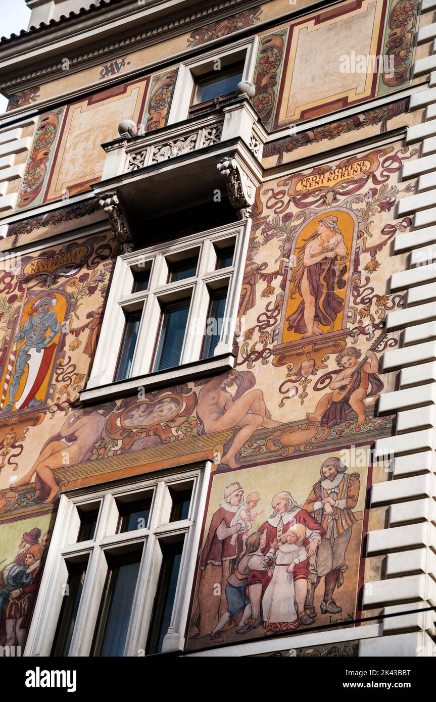 Italian Renaissance Wiehl House painted in neo-Renaissance sgraffito in Prague, Czech Republic. Stock Photo