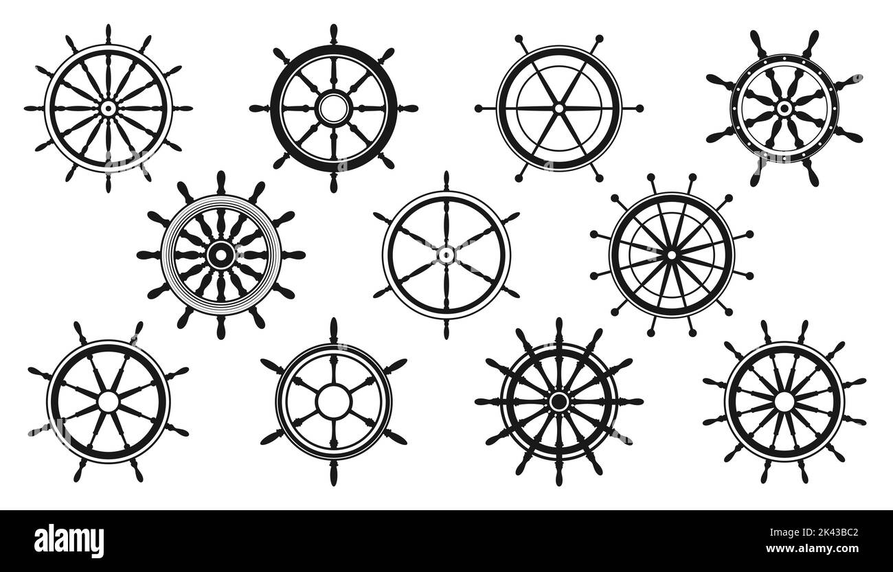 Collection of vintage steering wheels. Ship, yacht retro wheel symbol