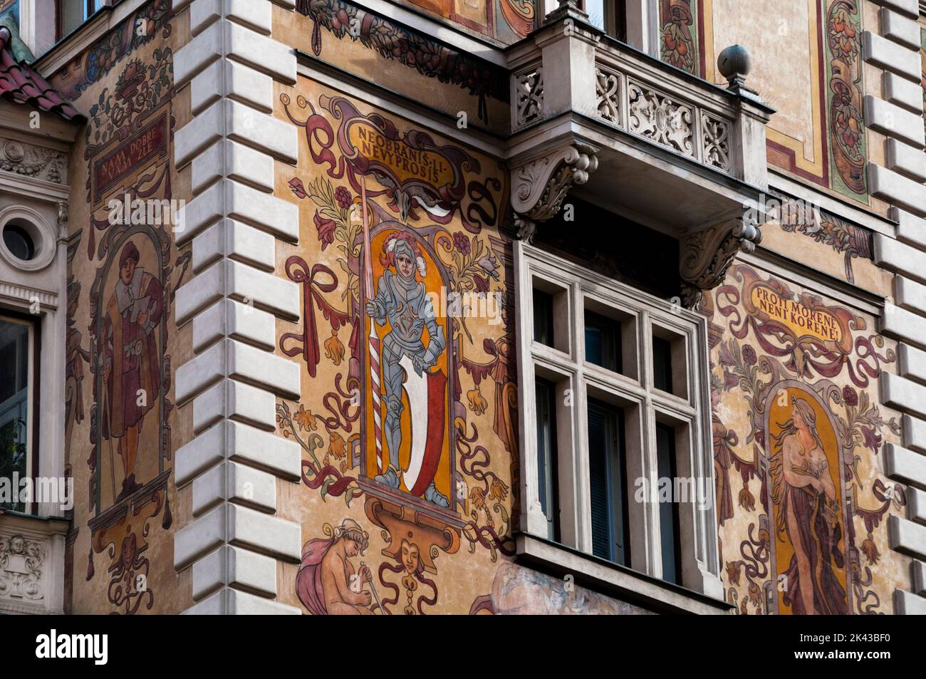 Italian Renaissance Wiehl House painted in neo-Renaissance sgraffito in Prague, Czech Republic. Stock Photo