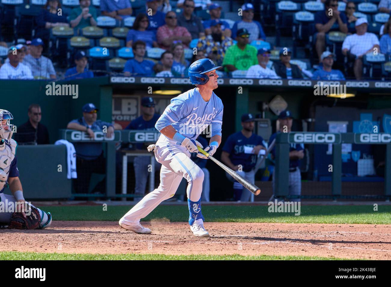 September 25 2022: Kansas City center fielder Drew Waters (6) gets a hit during the game with Seattle Mariners and Kansas City Royals held at Kauffman Stadium in kansas City Mo. David Seelig/Cal Sport Medi Stock Photo