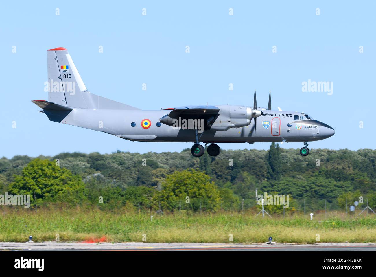 Romania - Air Force Antonov An-26 at Bucharest Airport. Military aircraft of Romanian Air Force An26, plane also know as Antonov 26. Stock Photo