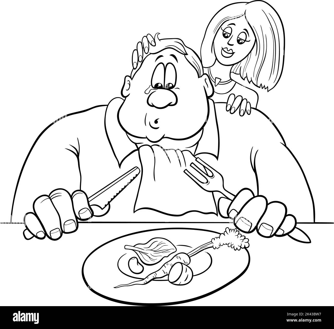 Black and white cartoon humorous illustration of sad man on a diet with his wife coloring page Stock Vector