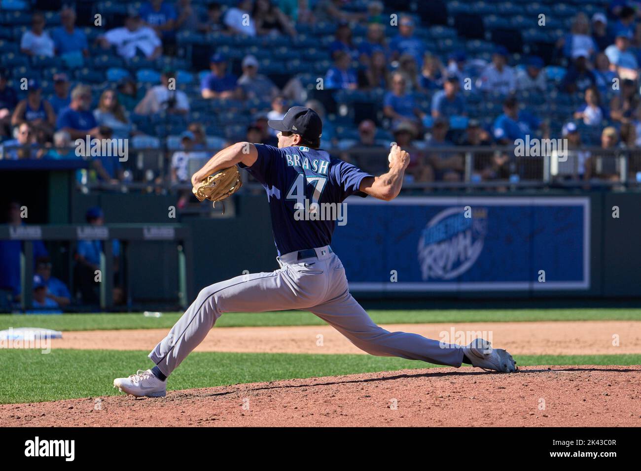 September 25 2022: Seattle pitcher Matt Brash (47) throws a pitch during the game with Seattle Mariners and Kansas City Royals held at Kauffman Stadium in kansas City Mo. David Seelig/Cal Sport Medi Stock Photo