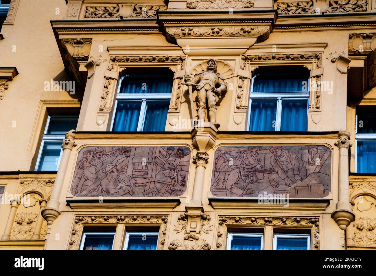 Details of Prague Art Nouveau painted building by architect Jan Brzak