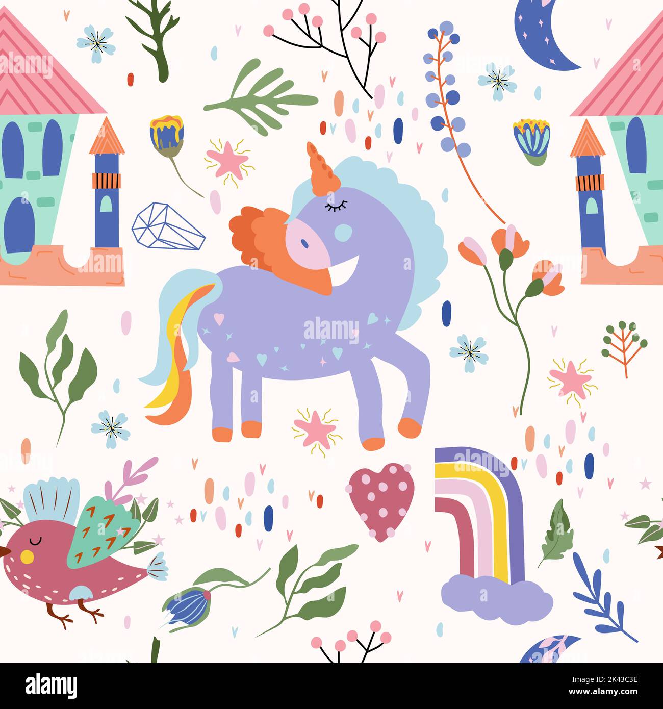 Seamless pattern with magical Unicorn, colorful flowers and leaves ...