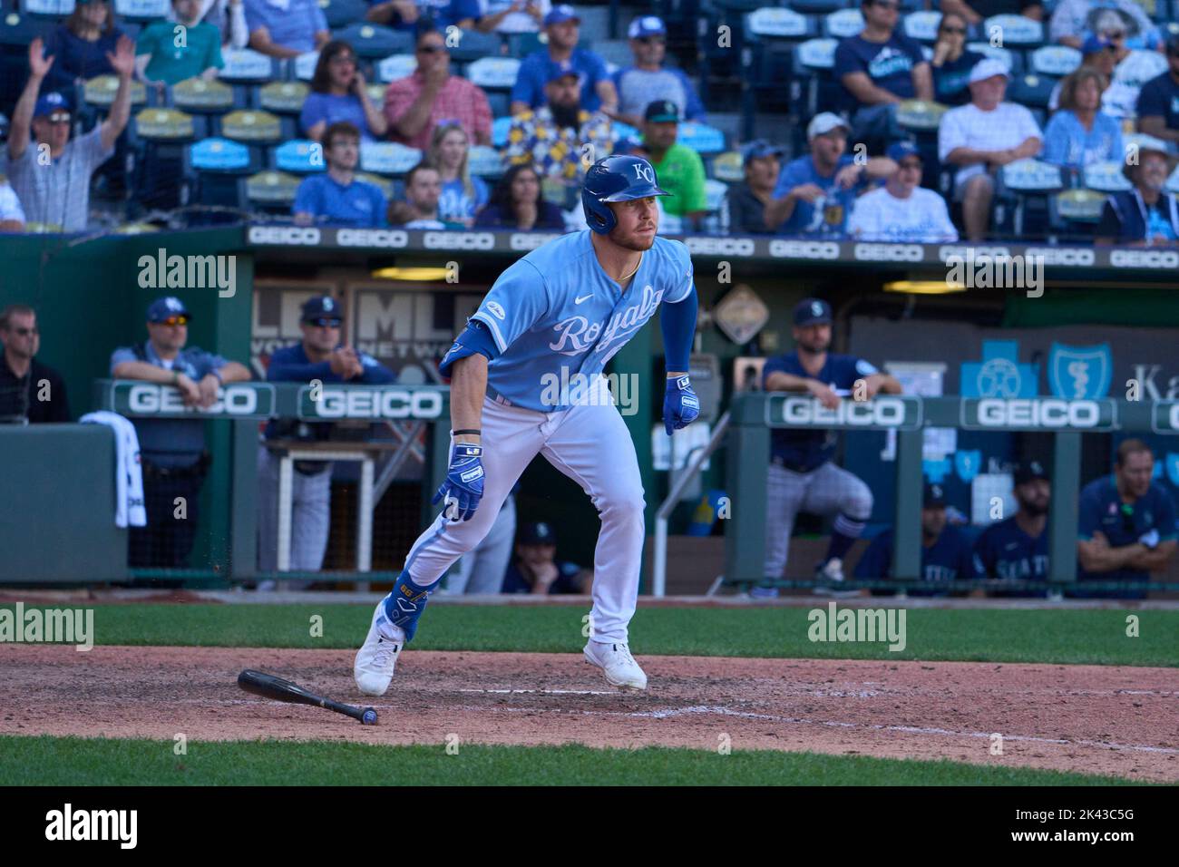 September 25 2022: Kansas City right fielder Ryan O'Hearn (66) gets a hit during the game with Seattle Mariners and Kansas City Royals held at Kauffman Stadium in kansas City Mo. David Seelig/Cal Sport Medi Stock Photo