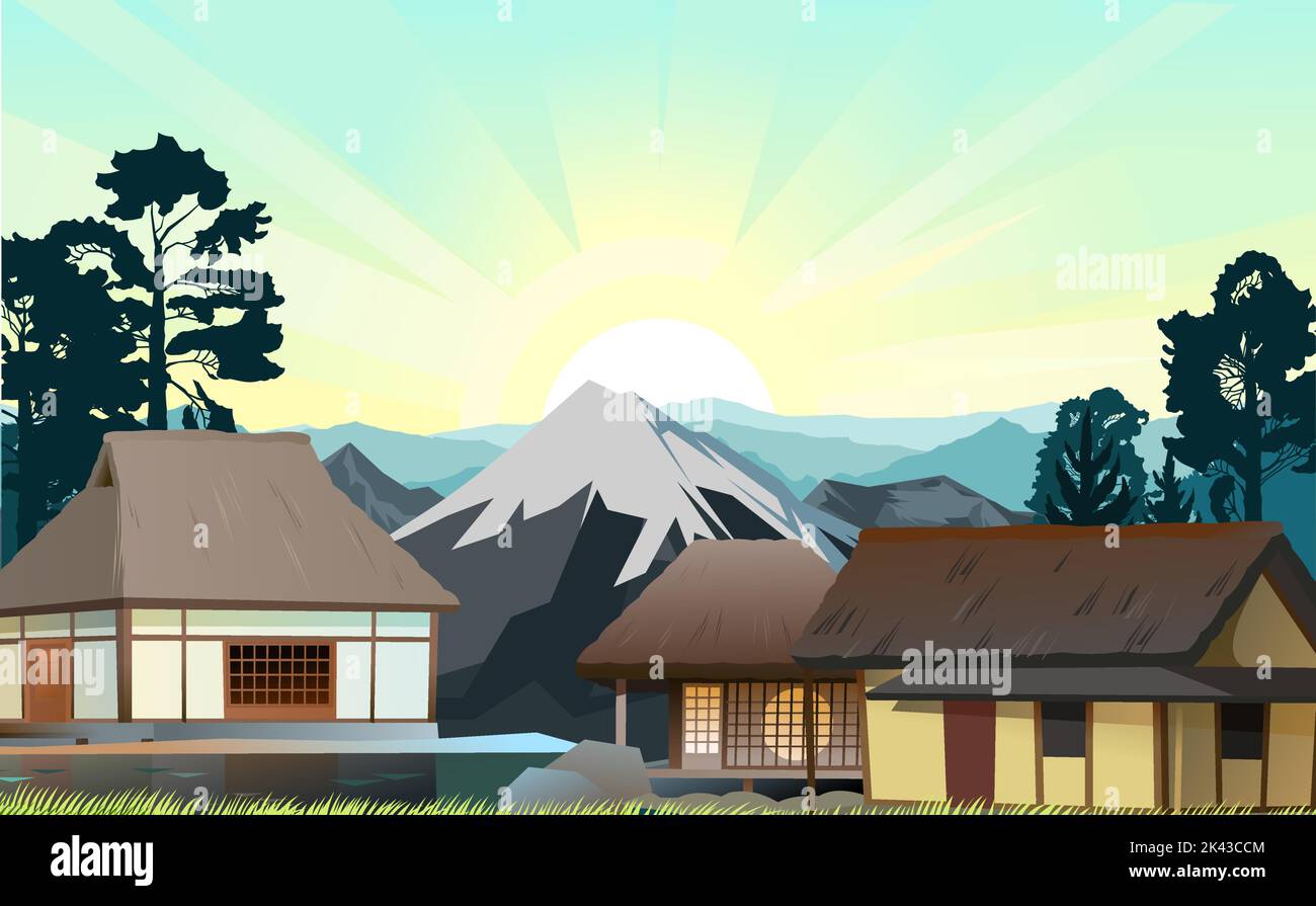 Traditional Japanese house. Sunrise and mountains. Small village. Rural dwelling with thatched roof. illustration vector Stock Vector