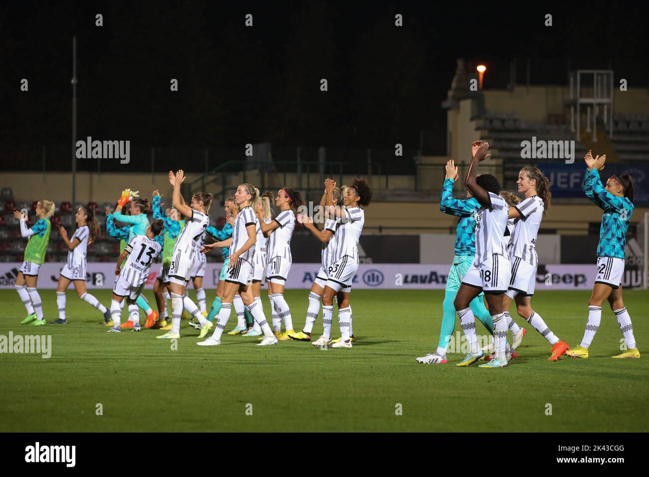 Alessandria, Italy, 28th September 2022. Juventus players celebrate qualification to the group stage in front of their fans following the final whistle of the UEFA Womens Champions League round two, second leg match at Stadio Giuseppe Moccagatta - Alessandria, Torino. Picture credit should read: Jonathan Moscrop / Sportimage Stock Photo