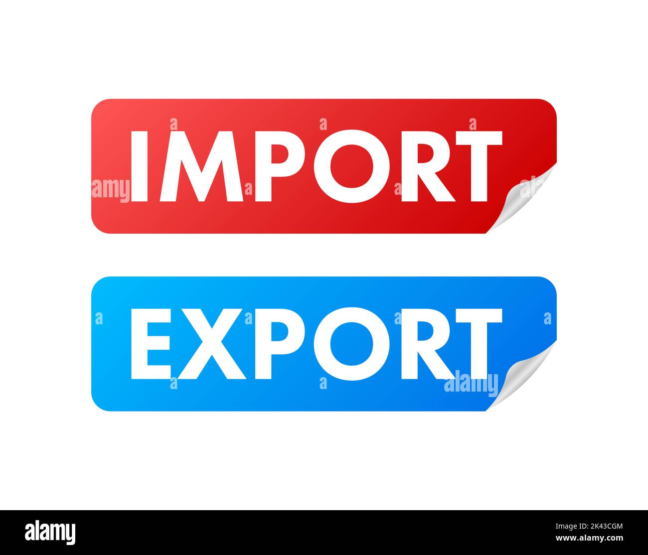 Port crane lift two red cargo containers with import and export words. Vector stock illustration. Stock Vector